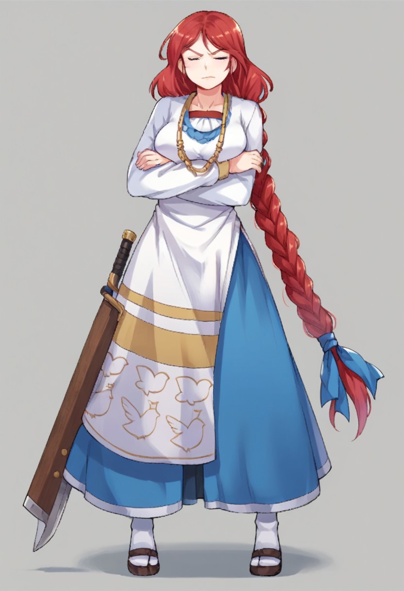 score_9, score_8, score_7, cckarin, solo, crossed arms, full body, standing, long skirt, weapon, shirt, long braid, socks, skirt, closed eyes