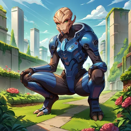 score_9, score_8_up, score_7_up, score_6_up, score_5_up, score_4_up, METurianF, 1girl, alien, blue armor, jumpsuit, squatting, garden, greenhouse, science fiction, on top of building, skyscraper, utopia, cowboy shot <lora:METurianPonyV6MF-03:1>
