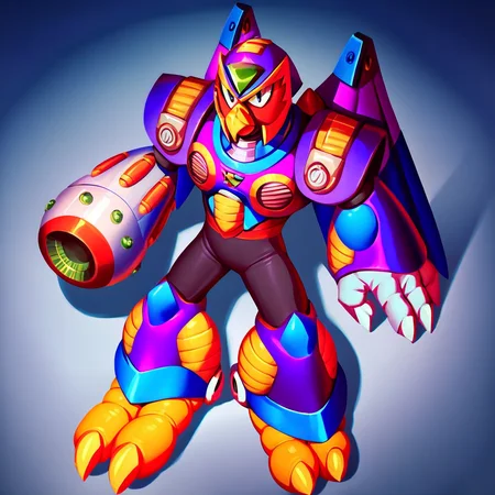 score_4_up, score_5_up, score_6_up, score_7_up, score_8_up, score_9_up, Storm eagle, arm cannon, purple armor, helmet, beak, bird feet, talons, full body, lying, on back, from above, looking at viewer