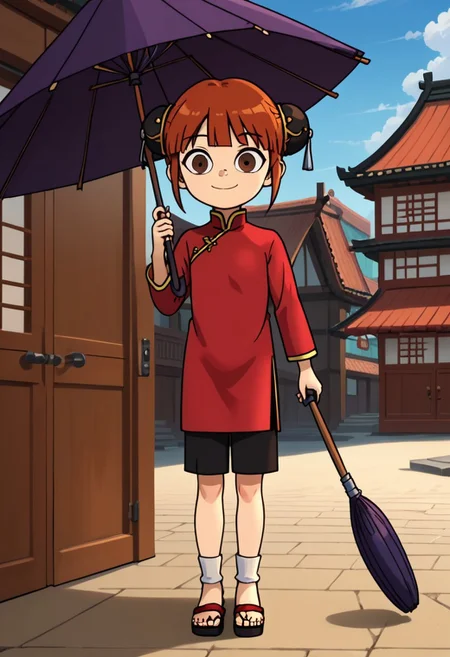 score_9, score_8_up, score_7_up, 1girl, solo, Fiore_DC, light skin, brown eyes, red hair, short hair, Double bun, bun cover, black bun cover, bangs, white socks, sandals, Chinese clothes, China dress, red cheongsam, long sleeves, black pants, big eyes, young, petite, small body, short body, child, flat chested, social smile, perfect eyes, perfect smile, looking at the viewer, detailed eyes, perfect eyes, standing, five fingers, perfect hands, umbrella, purple japanese umbrella, hand holding umbrella, high-tech oedo town, blue sky, daytime, good weather, nice