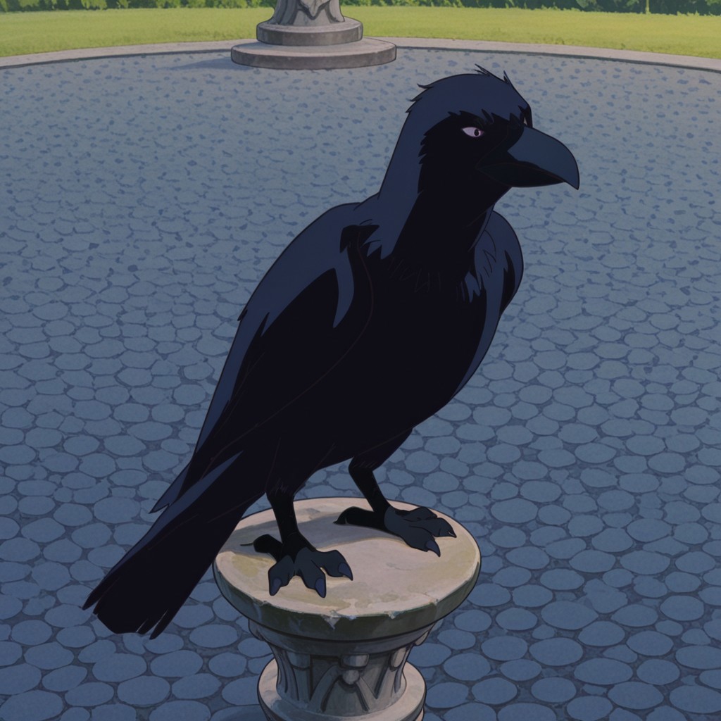 masterpiece, best quality, amazing quality, TotoTCRil, feral, raven, black feathers, black eyes, talons, standing, on stone pedestal,