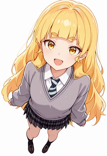 masterpiece,high quality details,absurdres,
<lora:Shiraki_Hime:0.8>
hime_cnr, 1girl, blonde hair, very long hair, yellow eyes, blunt bangs, thick eyebrows,(aged up:0.7), 
hime_s2, grey sweater,white shirt, collared shirt, striped necktie, sleeves past wrists,plaid skirt, pleated skirt, loafers,, simple background, white background, from above,solo,, :d,