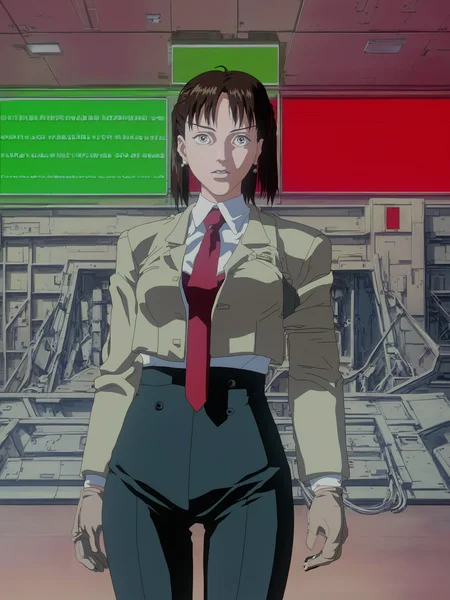 score_9,source_anime,1girl,a woman in a suit and tie with a red tie on her head and a green light in the background,<lora:GITS1995_XL:1>,