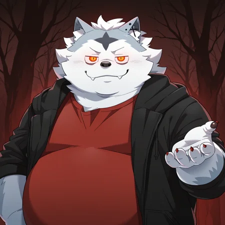 valkianiki, 1boy, solo, furry, male focus, smirk, looking at viewer, bedroom eyes, slightly glowing eyes, fangs out, red shirt, hooded jacket, upper body, outdoors, beckoning, arm towards viewer, overweight, dark forest background