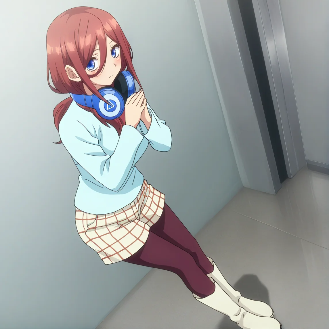masterpiece, high quality, high res, absurd res, ultra high quality,
<lora:Miku_Nakano_Illustrious_v57:1>, M1kuNakan0_Illu, 1girl, (solo:1.2), brown-red_hair, hair_over_eye, long_hair, dark-blue_eyes, headphones, (triangle_logo:1.1), mint-blue_sleeve_shirt, checkered_shorts, bangs, tights, blushing, white_dress_boots, full body, anime_screencapm standing