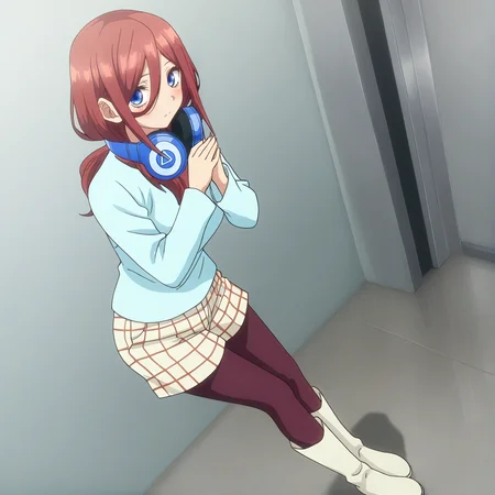 masterpiece, high quality, high res, absurd res, ultra high quality,
<lora:Miku_Nakano_Illustrious_v57:1>, M1kuNakan0_Illu, 1girl, (solo:1.2), brown-red_hair, hair_over_eye, long_hair, dark-blue_eyes, headphones, (triangle_logo:1.1), mint-blue_sleeve_shirt, checkered_shorts, bangs, tights, blushing, white_dress_boots, full body, anime_screencapm standing