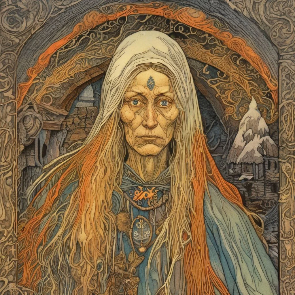Ivan Bilibin Style - Medium Portrait detailed face - a Slavic woman witch, her face is aged and etched with spiteful wrinkles. Her eyes glow with an unnatural inner fire, and her long, matted hair hangs like a tangled web. She wears tattered clothes adorned with bone charms and crudely drawn sigils.