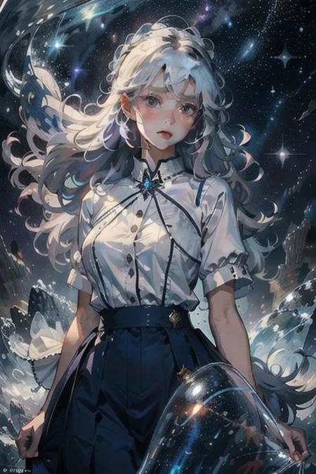 masterpiece,best quality,1girl,very wide shot,Dress - Gem - starry sky - fusion,((1girl)),underwater,Bright and colorful,{Atlantis},purple water,Sea of Stars,The Girl in the Giant Glass Bottle:5,((Huge glass bottle))- ((A huge white-haired girl)),bubbles,star pillow,((The Girl in Sleep)),cowboy shot:3,small breasts:5,skirt set,((doll)),<lora:Newspaper:1>,