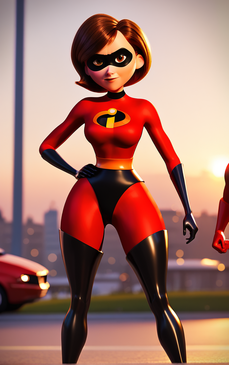 score_9, score_8_up, score_7_up, score_6_up, looking at viewer, 
1girl, black mask, boots, breasts, brown eyes, brown hair, domino mask, gloves, latex, latex gloves, mask, red bodysuit, redbodysuit_helenparr_ownwaifu, short hair, superhero, swept bangs, thighhighs
(contrapposto, hand on hip), sunset, sidelighting, <lora:PonyXL_RedBodySuit_HelenParr_ownwaifu:1>,
 depth of field, light particles,