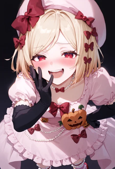 <lora:lambdadelta.safetensors:0.85:0.85> <lora:SDXL_HandFineTuning_XL.safetensors:0.4:0.4> <lora:for_illust_spo_sdxl_10ep_4k-data_lora_webui.safetensors:0.7000000000000001:0.7000000000000001> <lora:for_illust_GBF_Illustrious.safetensors:0.4:0.4> <lora:for_illust_ponyv5_noobV065S_1_adamW-000013.safetensors:0.4:0.4> <lora:for_illust_748cmSDXL.safetensors:0.2:0.2>,perfect quality, best quality, absolutely eye-catching, cinematic, (masterpiece), (ultra-detailed), Soft lighting, very aesthetic, illustration, perfect composition, simple background, kakera BREAKultra detailed face, detailed eyes, (red eyes:1.4), detailed eyes, 1girl, standing, laughing, blush, hand to own face, looking at viewer, lambdadelta,small breasts, short blonde hair, pink hat, red bow, hair bow, pearl necklace, black elbow gloves, pink dress, frilled dress, puffy short sleeves, dress bow, jack-o'-lantern ornament, striped kneehighs, red high heels