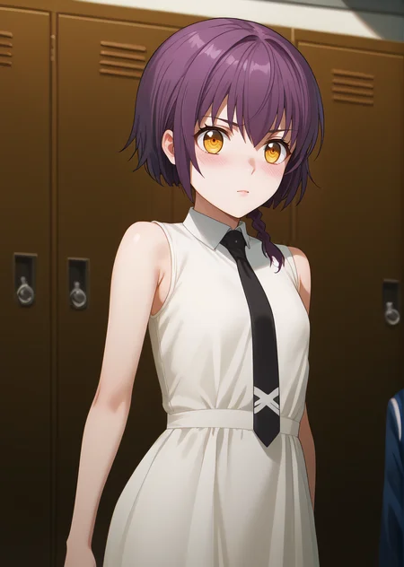 score_9, score_8_up, score_7_up, score_6_up, rating_explicit, source_anime, cinematic shadow, cinematic light, cute and sensitive, soft skin, characters focus, detailed eyes, detailed skins, <lora:Sakurai_Minami:1>, minami, yellow eyes,purple hair, short hair,single braid,eyebrows visible through hair, bang,small breasts, body blush, <lora:StS_detail_slider_v1:2> , <lora:StS_age_slider_v1_initial_release:-1>, school uniform, (sleeveless white dress:1.4), black necktie, long dress,blush, undressing, locker room, arm up, armpit,
