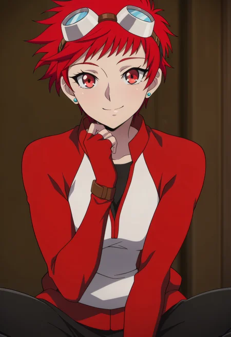masterpiece, best quality, very aesthetic,
1girl, solo,
Ximena Victoria, short hair, red hair, red eyes, earrings, stud earrings,
jacket, goggles on head, fingerless gloves, pants,
Smile, looking at viewer,
Close-up,
Anime coloring,