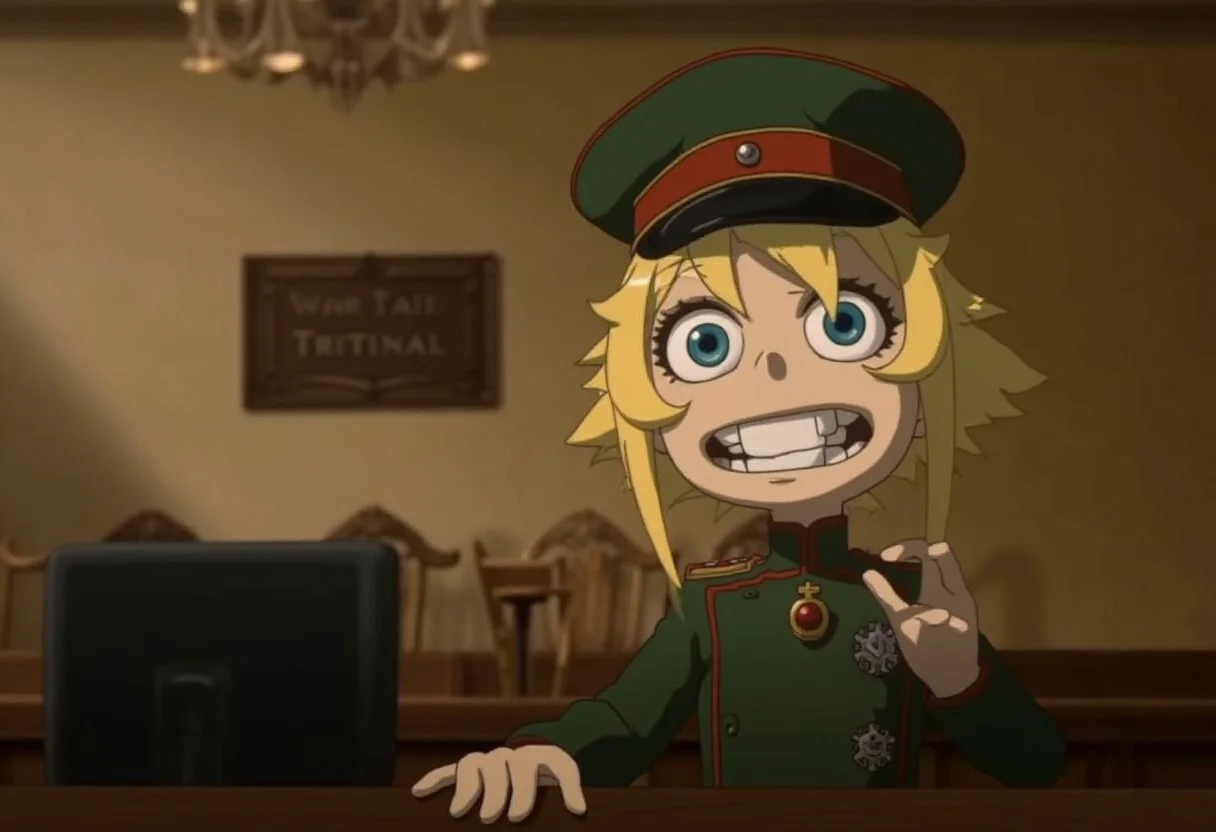 score_9,rating_safe,(claymation),claymation animation of a smiling and innocent looking TanyaDegurechaff with blonde hair and blue eyes and a tunic and military hat being tried for war crimes in a court,big sign with the words "War Crime Tribunal" on the wall