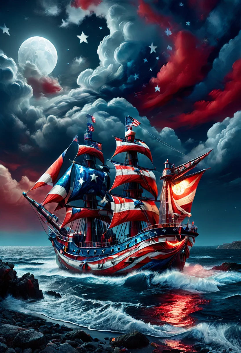 PG-USA,Under the eerie glow of a full moon, a dark and ominous landscape unfolds. A vibrant, colorful ship stands by the edge of a serene ocean, its vivid hues contrasting starkly with the foreboding atmosphere. In the background, a lighthouse stands atop jagged rocks, its light cutting through the darkness and reflecting off the ocean's surface, glistening in the moonlight. Thick, swirling clouds loom overhead, adding to the sense of an evil presence."Beautiful vintage motorcycle covered in vibrant patriotic paint job, displayed under a clear sky during a festive parade