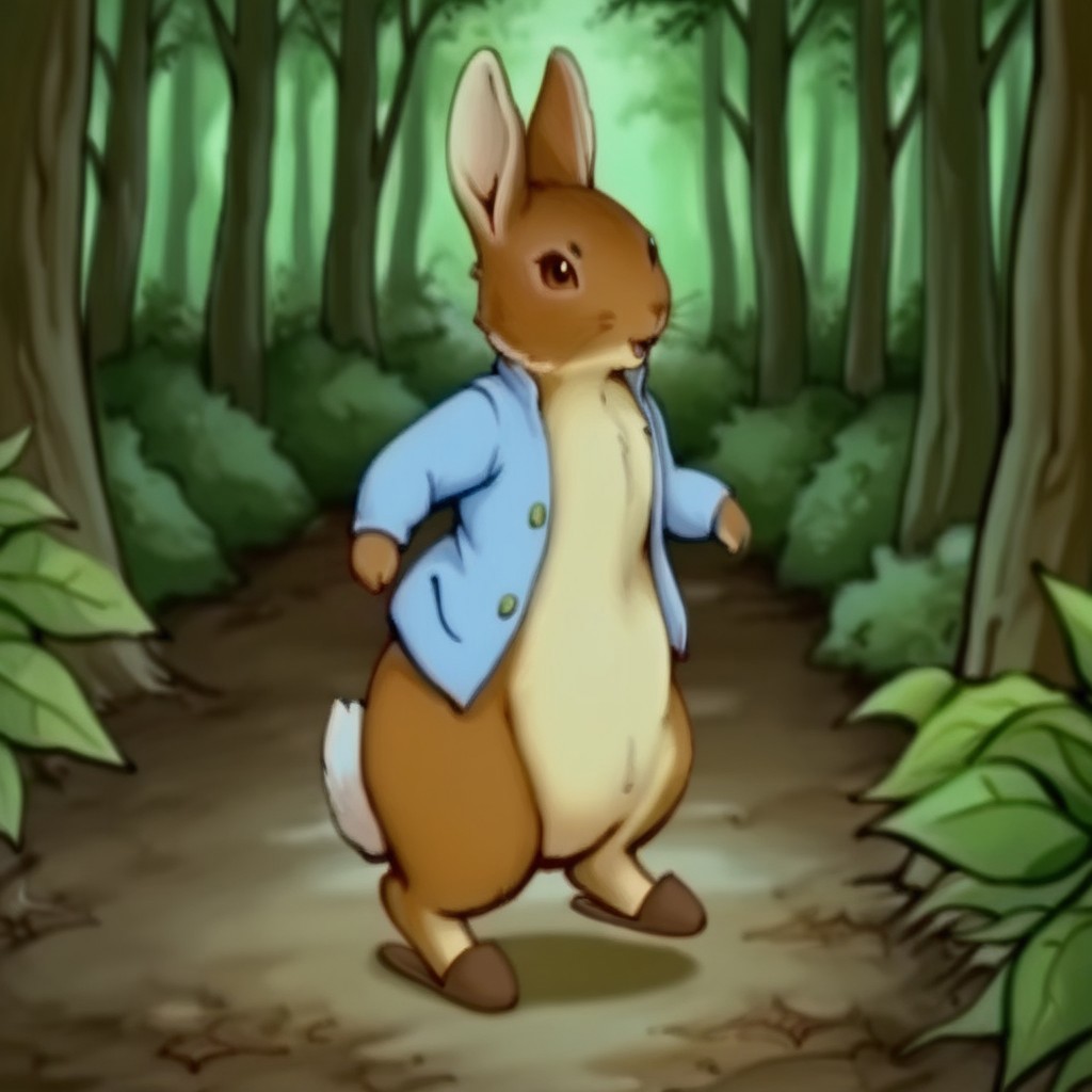 masterpiece, best quality, amazing quality, PeterRbbtil, semi-anthro, male, rabbit_boy, brown fur, brown eyes, blue jacket, brown slippers, in forest, standing