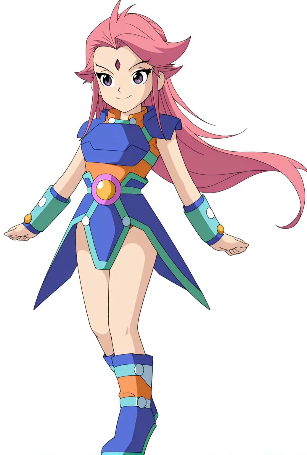 <lora:tiexinjia1:1>,
tiexinjia1,1girl,long hair,smile,white background,closed mouth,bule armor,standing,wristband,shoulder armor,purple eyes,full body,pink hair,boots,forehead jewel,, masterpiece,best quality,amazing quality,anime coloring,anime screencap
