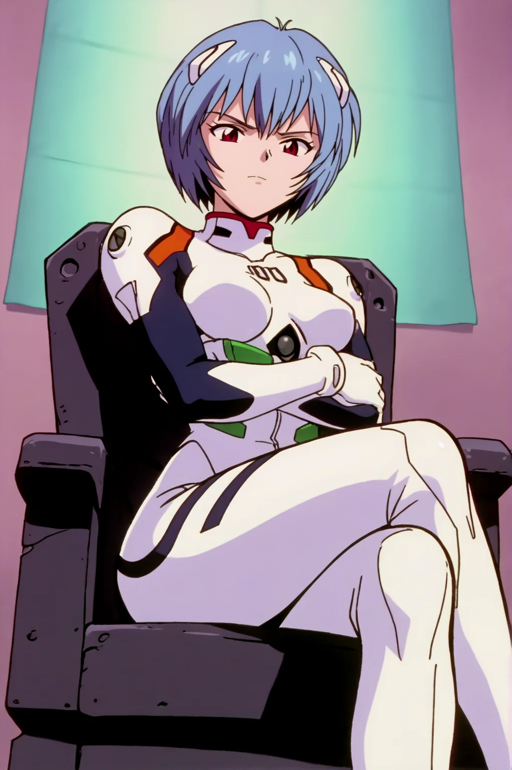 score_9, score_8_up, score_7_up,anime_source, source_anime, best background, detailed background, anime screencap, Rei Ayanami, Eva Bodysuit, solo, indoors, sitting, throne chair, sitting, crossed legs, from below, crossed arms, tsundere, dynamic angle, naughty face, dynamic camera, dynamic pose, <lora:JN_Rei_Ayanami:0.8>