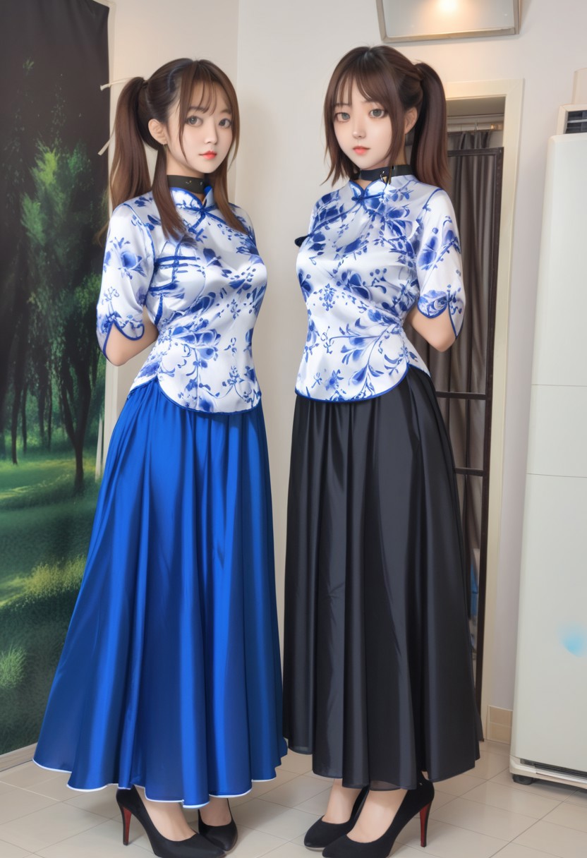 full body,2 girls,side by side, one girl Body facing front,((the other girl Body facing back)), blush,black collar,arms behind back,wrist hung up the collar behind by Black nylon tape,white Chinese style blouse, breasts apart,large breasts, small waist,great hips,blue silk maxi skirt,The fabric of the dress is smooth and flat,Black high heels