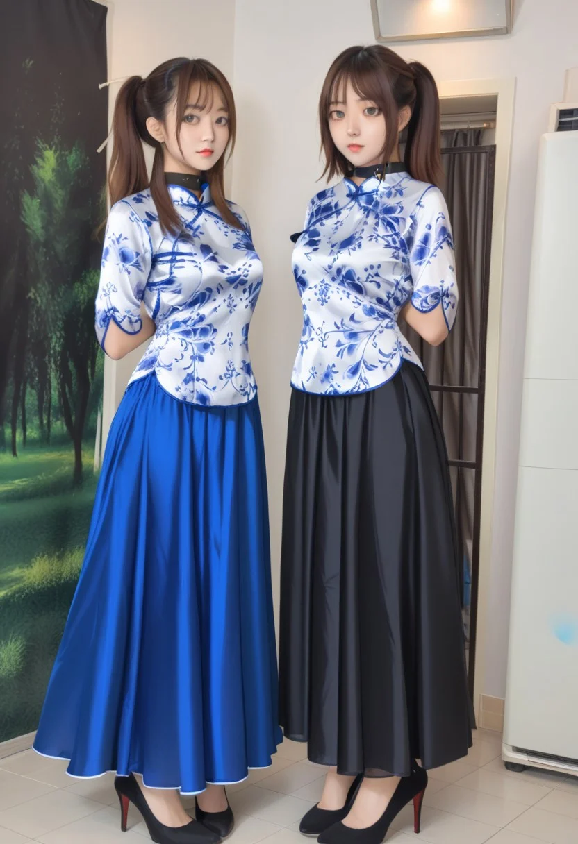 full body,2 girls,side by side, one girl Body facing front,((the other girl Body facing back)), blush,black collar,arms behind back,wrist hung up the collar behind by Black nylon tape,white Chinese style blouse, breasts apart,large breasts, small waist,great hips,blue silk maxi skirt,The fabric of the dress is smooth and flat,Black high heels