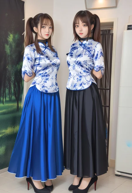 full body,2 girls,side by side, one girl Body facing front,((the other girl Body facing back)), blush,black collar,arms behind back,wrist hung up the collar behind by Black nylon tape,white Chinese style blouse, breasts apart,large breasts, small waist,great hips,blue silk maxi skirt,The fabric of the dress is smooth and flat,Black high heels