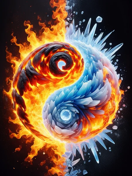 faize, yin and yang shaped out of fire and ice <lora:faize-sdxl:0.8>