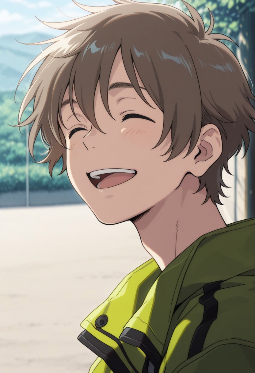 masterpiece,best quality,amazing quality, source_anime, 
shunhashimoto, 1boy, male focus, solo, closed eyes, brown hair, green jacket, smile, open mouth, outdoor, portrait,