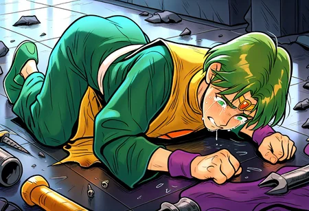 masterpiece, best quality, amazing quality, very aesthetic, absurdres, newest, borgiffl3, 1boy, male focus, green hair, circlet, green eyes, green robes, long yellow tabard, green shoes, purple wristbands, white belt, metallic floor, groveling, tears, crying, screws, bolts, mess on floor, debris