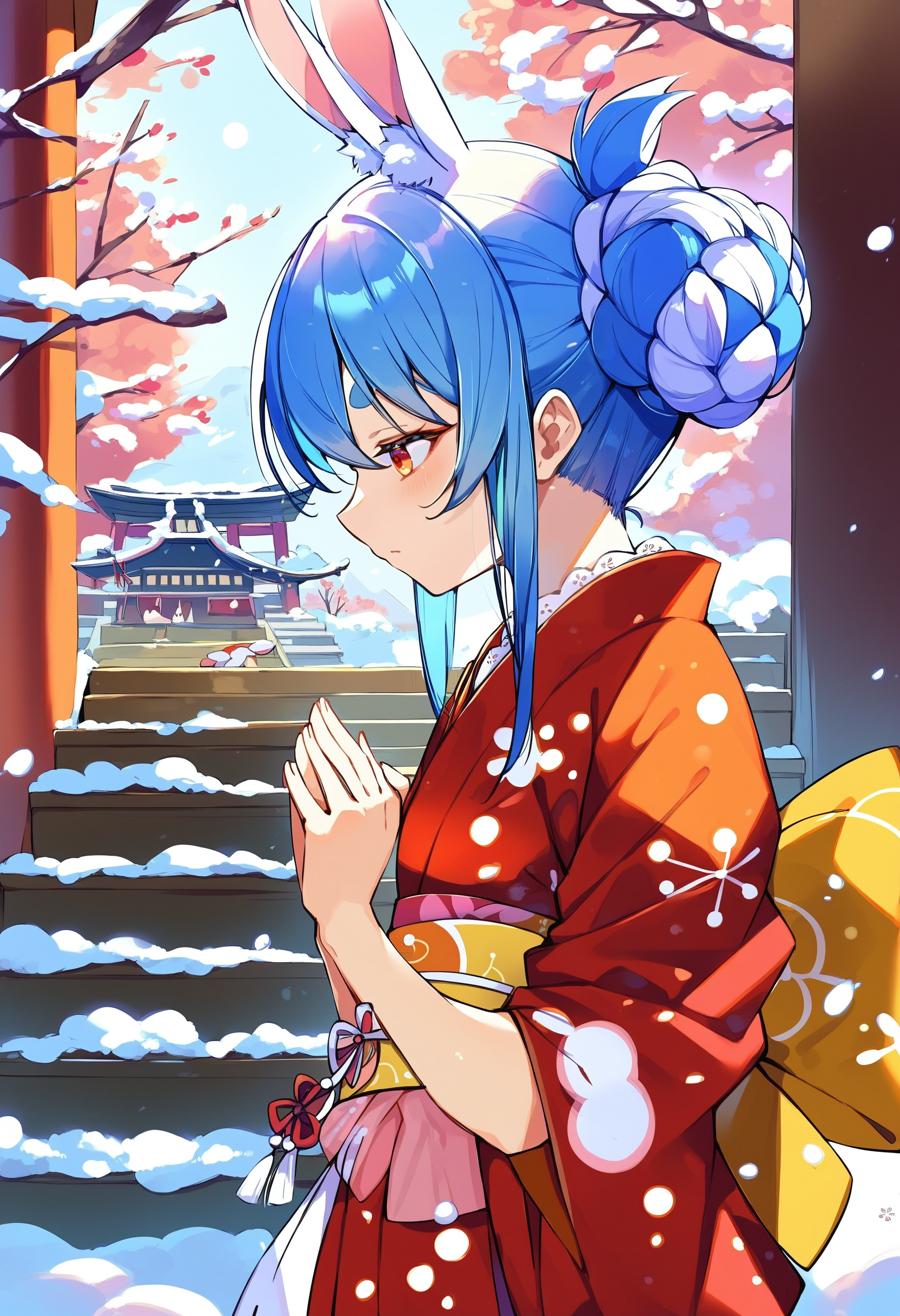 score_9, score_8_up, score_7_up, score_6_up, source anime,
usada pekora, rabbit girl, rabbit ears, animal ear fluff, rabbit tail, twin braids, thick eyebrows,
usada pekora newyear, official alternate costume, japanese clothes, red kimono, short kimono, sash, tasuki, obi, sidelocks, tabi, white socks, 
official alternate hairstyle, double bun, twin braids, upper body, own hands together,
east asian architecture, outdoors, snow, stairs, from side, praying, profile
<lora:usada_pekora_v1:1>