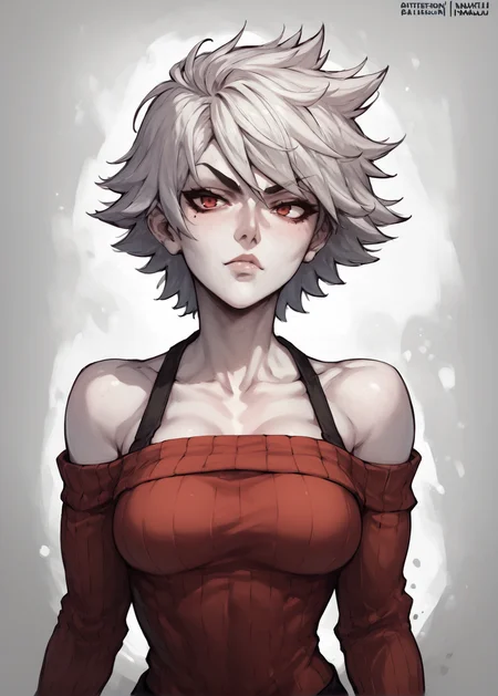 white skins, spiky red short tomboy hair, neutral expression, tight sweater, <lora:NAHIRI:1> nahiri, 1girl, solo, short hair, breasts, bare shoulders, white hair, colored skin, <lora:muhut_style_PONYXL:1>, source_anime, score_9_up, score_7_up, score_8_up