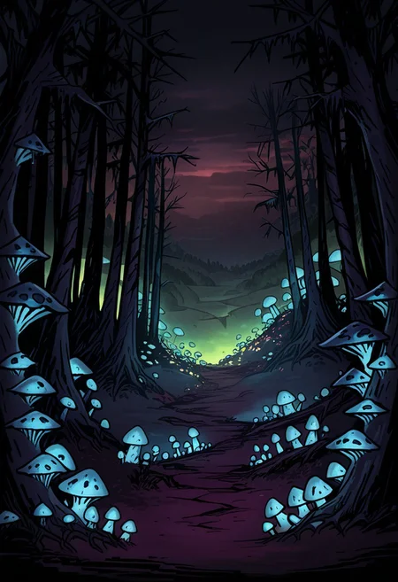AMAZING QUALITY, MASTERPIECE, DW0, DARK TOON, SCENERY, GLOWING MUSHROOMS, FOREST, DARK SKY
