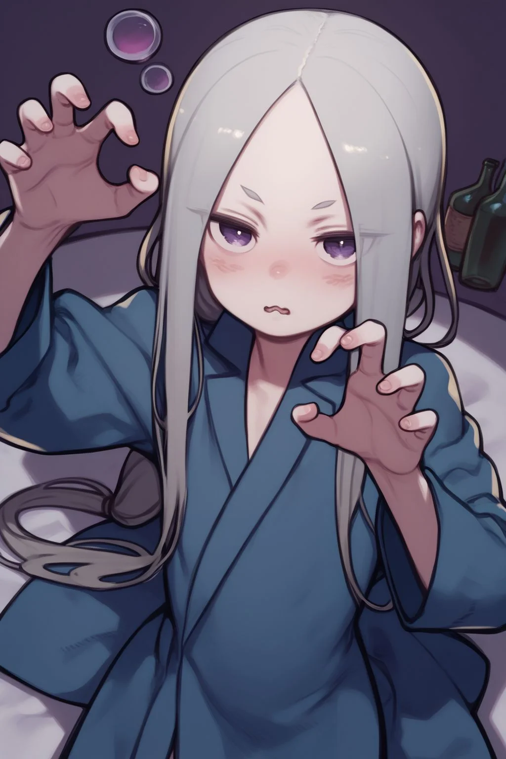 score_7_up, high resolution, 1girl, looking at viewer, claw pose, drunk, dark grey hair, low-tied long hair, parted bangs, dark purple eyes, flat chest, blue trench coat <lora:kuroboshi_kouhaku_PonyXL_style_v01.09:1>