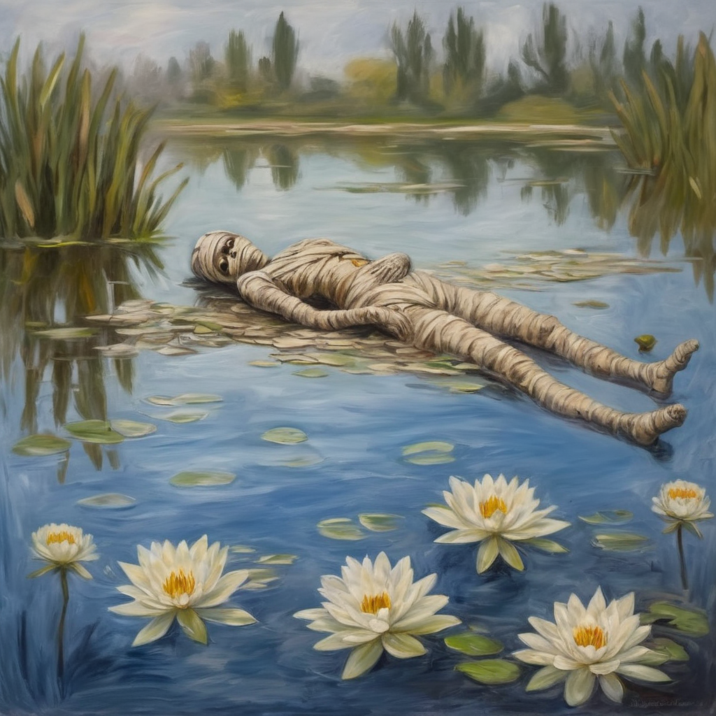 <lora:SDXL_mummy_Sa_May:1> mummy, a desiccated mummy, Pond with lilies, oil painting, Monet style
