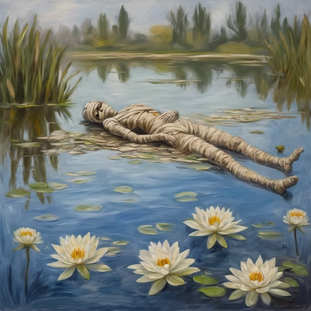 <lora:SDXL_mummy_Sa_May:1> mummy, a desiccated mummy, Pond with lilies, oil painting, Monet style