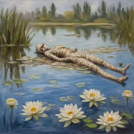 <lora:SDXL_mummy_Sa_May:1> mummy, a desiccated mummy, Pond with lilies, oil painting, Monet style