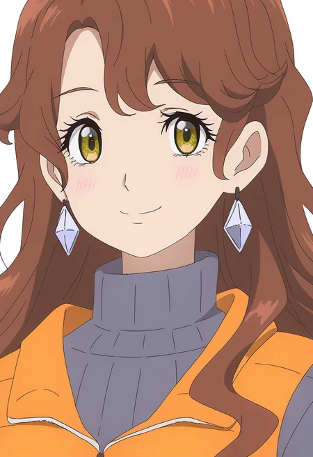<lora:Takamine Hitomi-000020:1>,
Takamine Hitomi,ribbed sweater,1girl,solo,earrings,brown hair,smile,looking at viewer,long hair,turtleneck,orange vest,yellow eyes,transparent background,simple background,closed mouth,portrait,turtleneck sweater,white background,upper body,straight-on,wavy hair,blush