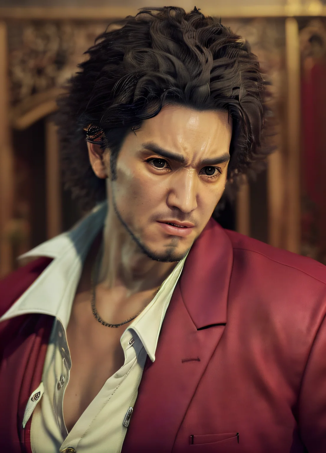 (SFW,8k, RAW photo, best quality, masterpiece:1.2),(realistic, photo-realistic:1.37),1 man,ichiban ,(((portrait,strong phisique,wearing a red suit with white undershirt))), facial close-up <hypernet:ichiban:1>