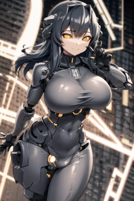 (solid eyes), colored sclera, smile, large breasts, wide hips, cityscape, humanoid robot, joints, science fiction, bodysuit, <lora:Solid Eyes V6:0.6>, Style-TronLegacy-8v-B
