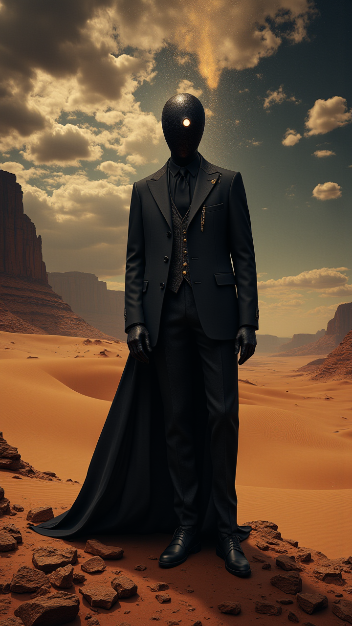 In a Shimmering landscape, a towering figure dressed in a black suit and One-Eyed stands on the edge of Meera African desert.     , aidmaMJ6.1
