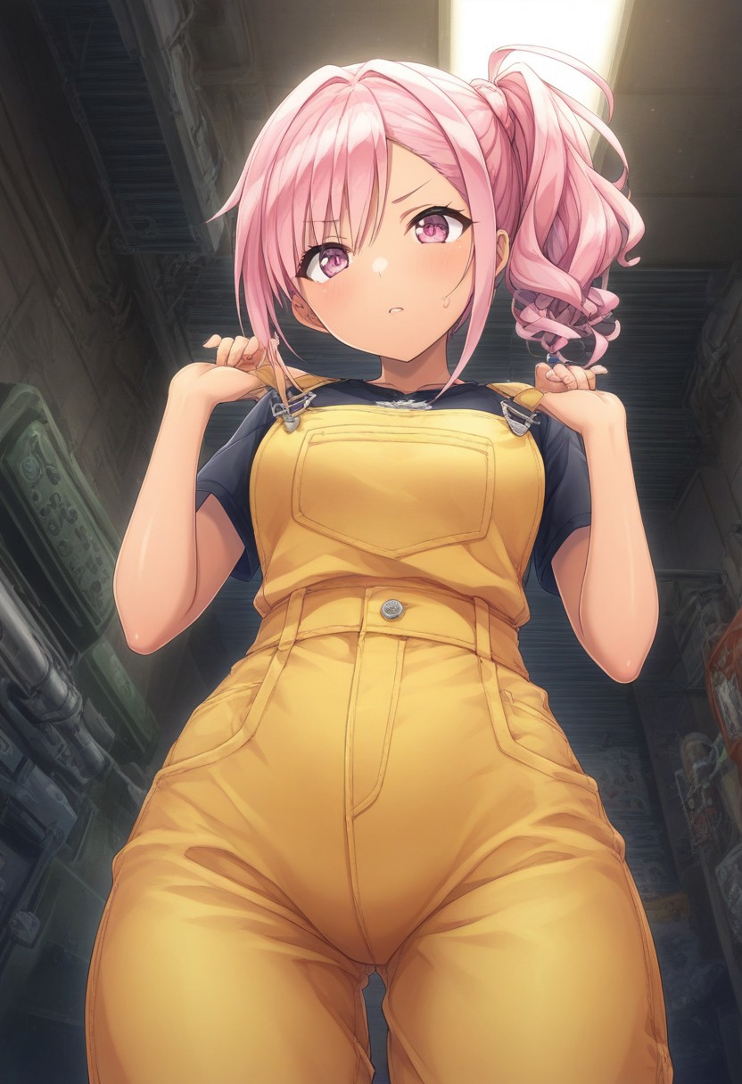 prefect lighting,very aesthetic,prefect hands,best quality,
intricate details,highly detailed background,(masterpiece:0.9),high quality,lustrous_skin,skindentation,(zPDXL3),
ultra delicate hair,
face_detail,
skin_detail,<lora:cfg_scale_boost>,
lustrous_skin,skindentation,
shiny skin, masterpiece,best quality,ultra-detailed,  st_kana, tanned skin, side ponytail,  pink hair, pink eyes, yellow overalls, garage