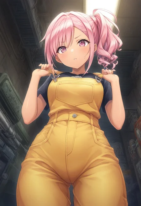 prefect lighting,very aesthetic,prefect hands,best quality,
intricate details,highly detailed background,(masterpiece:0.9),high quality,lustrous_skin,skindentation,(zPDXL3),
ultra delicate hair,
face_detail,
skin_detail,<lora:cfg_scale_boost>,
lustrous_skin,skindentation,
shiny skin, masterpiece,best quality,ultra-detailed, st_kana, tanned skin, side ponytail, pink hair, pink eyes, yellow overalls, garage