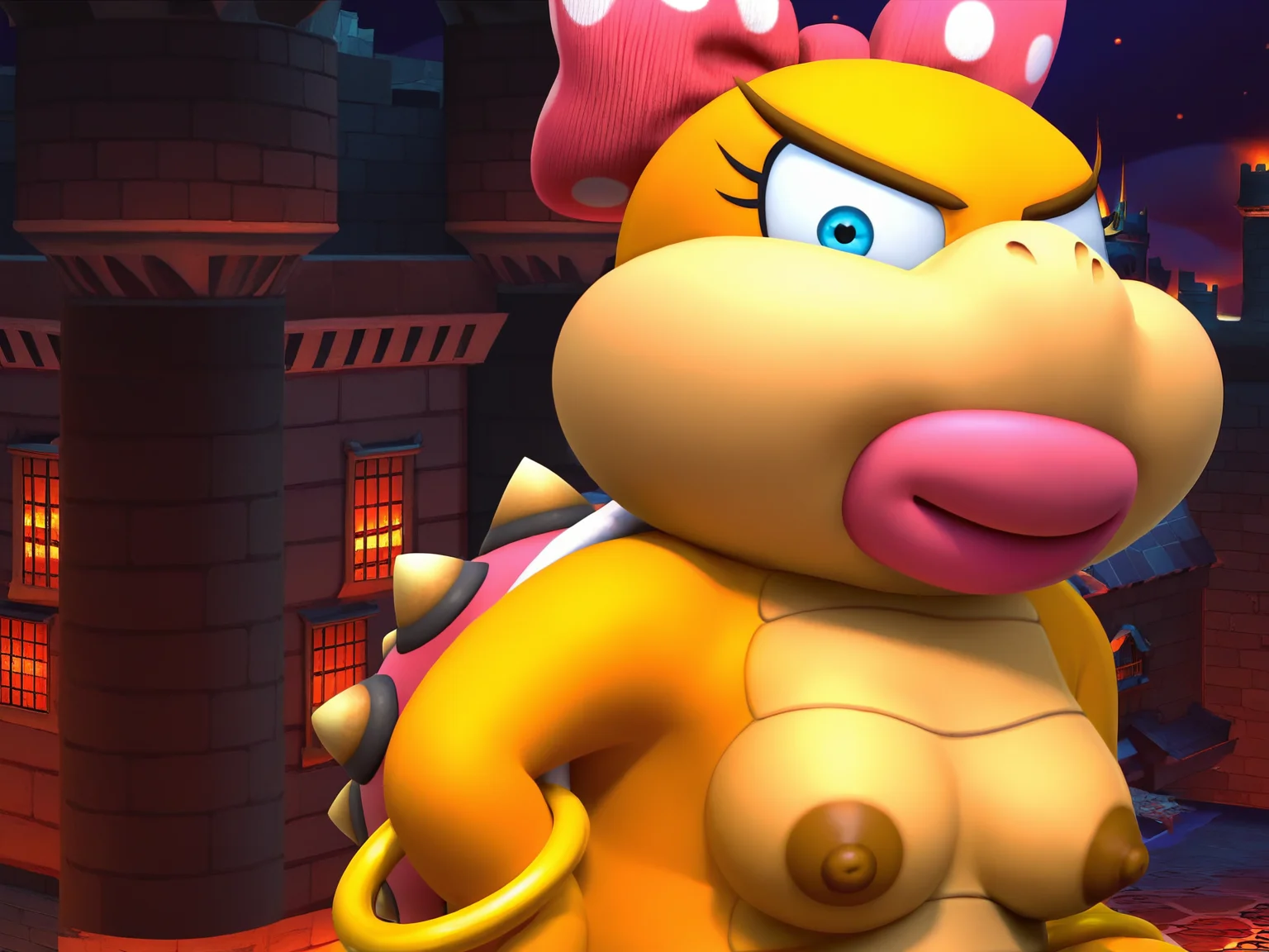 Score_9, score_8_up, score_7_up, score_6_up, BREAK
screencap, outdoors, castle, night
<lora:Wendy_koopa_game:0.9> wendy koopa game, spiked shell, yellow skin, tan skin, blue eyes, pink lipstick, polka dot bow, beaded pearl necklace, gold bracelets, polka dot bow, nude, breasts, dark nipples, looking at viewer, portrait