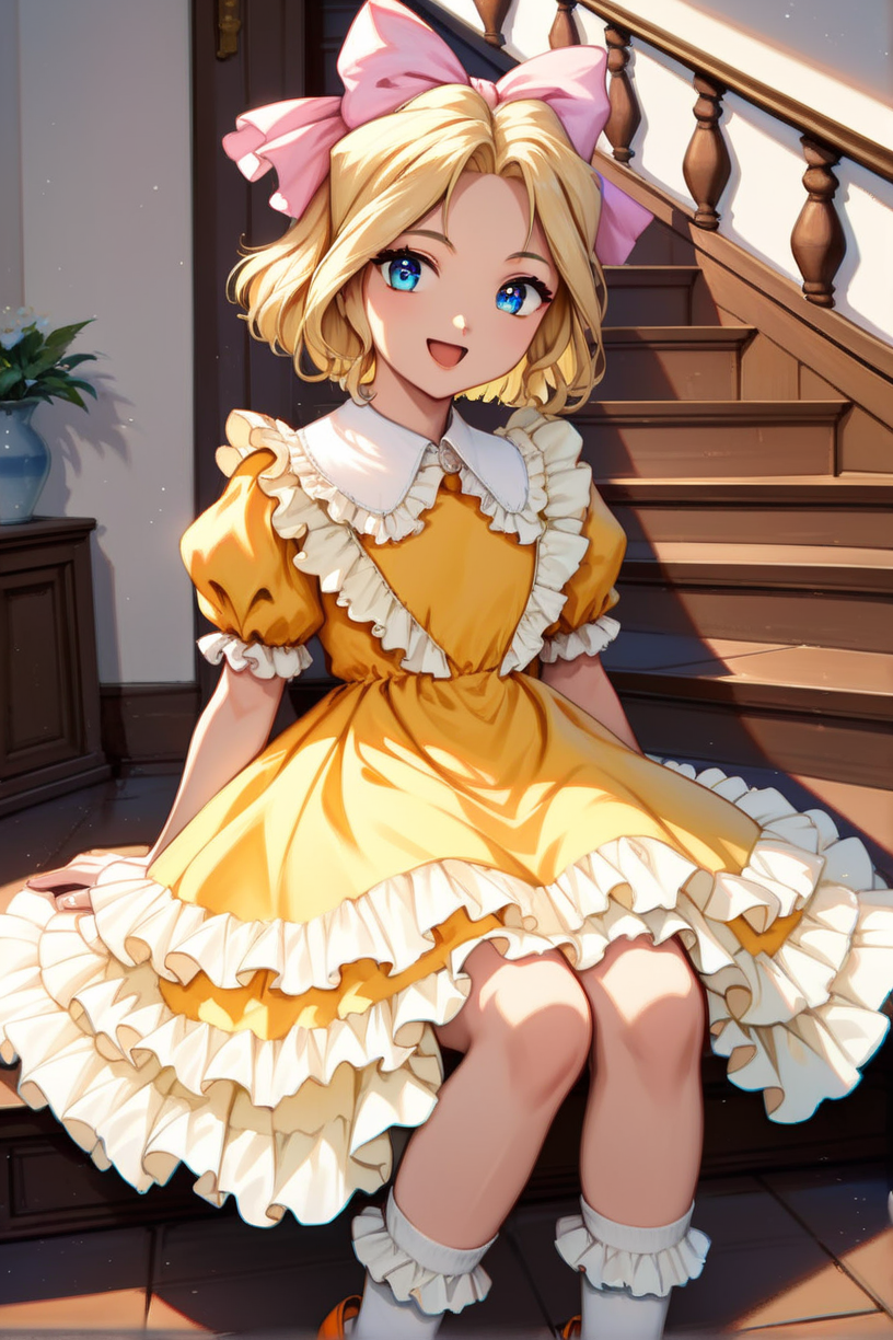score_9, score_8_up, score_7_up, very aesthetic, source_anime, detailed, high quality, beautiful, masterpiece, detailed eyes,
indoor, stairs, light beams
<lora:lightXL:0.8>
sitting, looking at viewer,
flat chest, smile, open mouth,
 <lora:iris_autismConfetti_v01:0.95>
irisBase, blonde hair, blue eyes, hair bow, pink bow, short hair, parted bangs,
yellow dress, frills, white puffy sleeves, short sleeves,  layered dress, lace  white socks, orange footwear,, zPDXL
