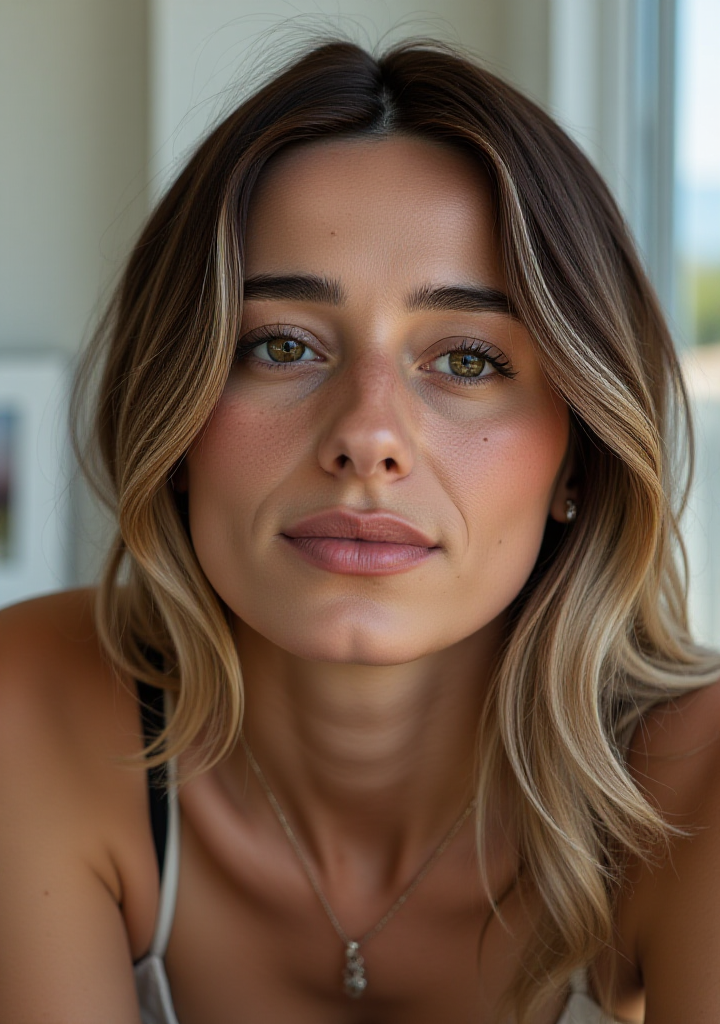 A high resolution photograph of a young woman with her head cocked to the side as she looks into the distance.