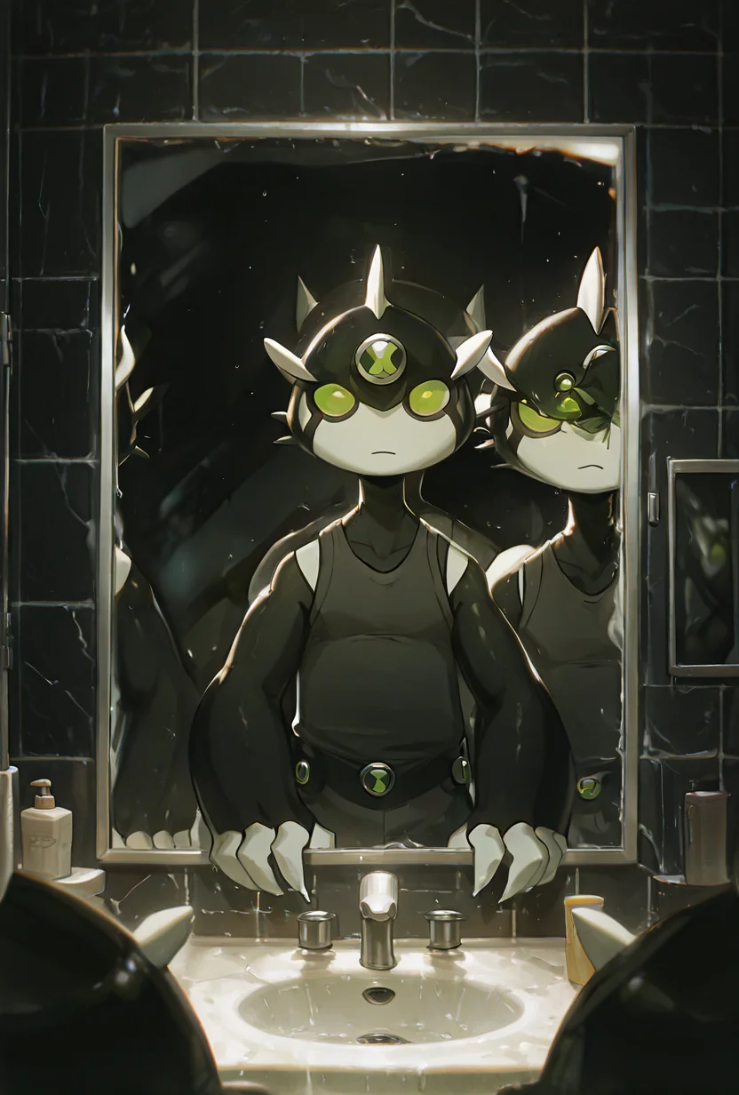 <lora:dito-08:1> dito, solo, no humans, green eyes, white claws, 1boy, black, big hands, white head horns, black arms, sleeveless, black head, <lora:WSSKX_WAI:1>, twins, multiple characters, looking at mirror, at the bathroom, identical character,, masterpiece, best quality, amazing quality, very aesthetic, absurdres, newest,