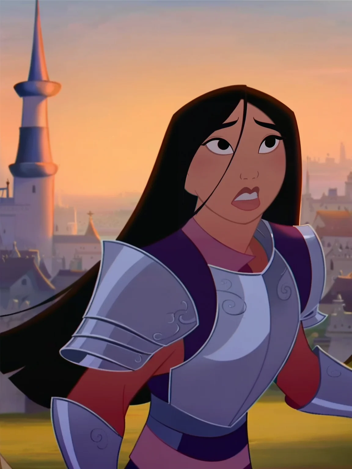 <lora:Mulan:1> 1girl, asian, black hair, black eyes, straight hair, long hair,
((golden knight armor)), castle background, score_9, score_8_up, score_7_up,