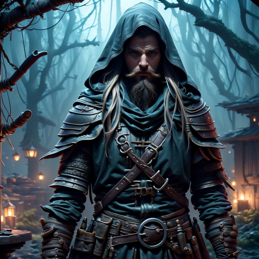 (masterpiece:1.2), (best quality,:1.2), 8k, HDR, ultra detailed, ((photorealistic)), perfect anatomy, professional light, cinematic lighting, ambient lighting, <lora:detail_slider_v4:1>, epic medieval fantasy, a (male) footpad, (beard), FaRo, <lora:FantasyRogues-10:1>, leather armor, belt, cloak, in a dark forest, FaFo, <lora:FantasyForest-10:0.5>,  <lora:zoom_slider_v1:1>, <lora:fantasyAI:0.6> tanjoreai, in the style of Tolkien, Middle Earth, epiCPhoto