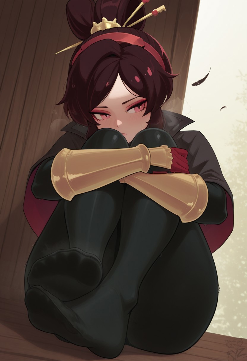ryz,  outdoors, undershirt, falling feathers, black bodysuit, hair stick, hugging own legs, , gauntlets,   eyeshadow,   red gloves,  high ponytail,  , black capelet, red hairband, pink eyes, 1girl, solo, feet, visible breath,   dynamic angle, foreshortening, smell, steam,