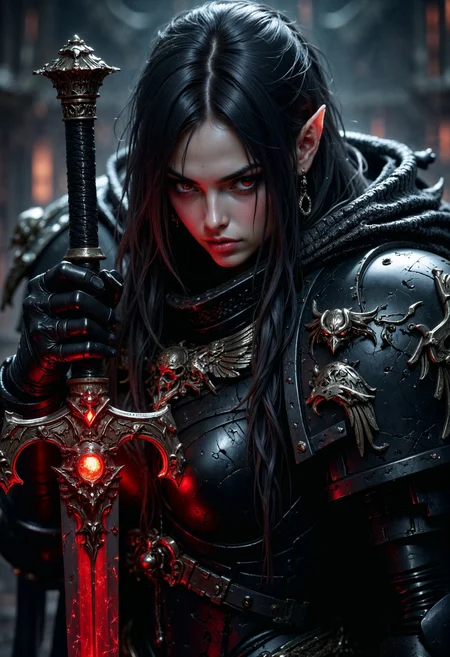 RavenG40k queen holding an ancient sword by the handle. wearing ragged gothic dark armor. an eye shaped ruby in the pommel of the weapon glowing with the sinister red light of an ancient evil, the blade itslef is a pure black color and a sheen of red light reflects of its worn surface, obsidian landscape, flowing black hair, red eyes, serious expression <lora:FluxRavenG40k:0.9> <lora:FluxMythP0rtr4itStyle:0.6> mythp0rt,