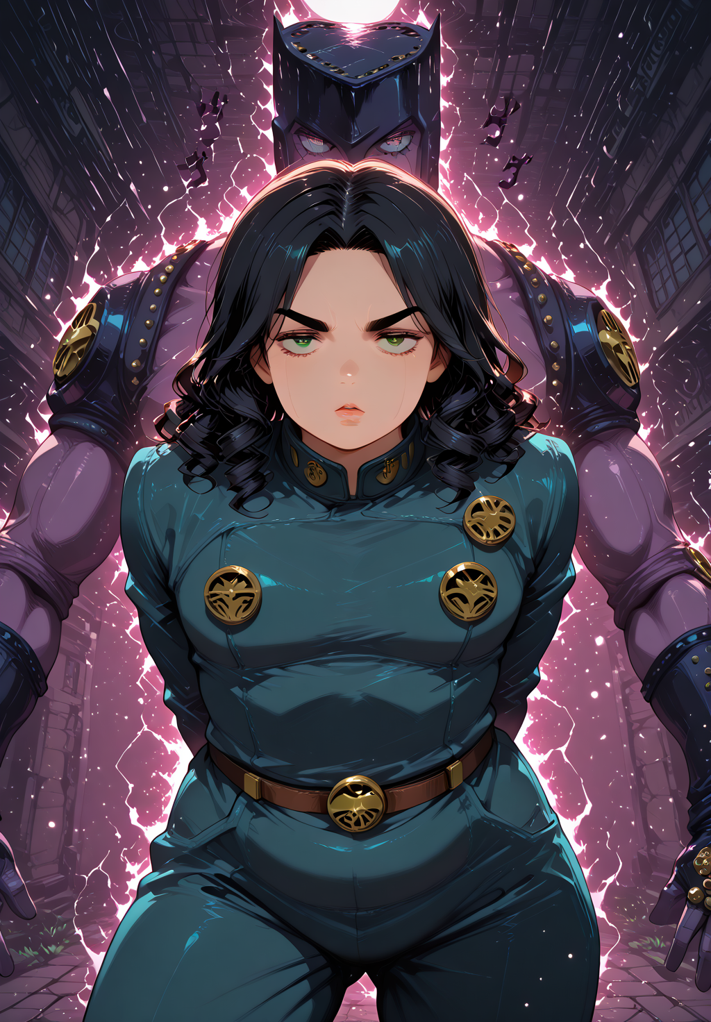 IllusP0s, PonyScores7, source_anime, ah1, IllustriousQual, interesting, exciting, spectacular, wonderful, amazing quality, absolutely eye-catching, very awa, <lora:black_marble_detail_enhancer:0.2>,  SimplePositiveXLv3,
BREAK <lora:xl_more_art-full_v1:0.2>, <lora:aesthetic_anime_v1s:0.2>, <lora:EpicF4nta5yXL:0.2>, <lora:detailxl:0.2>, detailxl, <lora:Fant5yP0ny:0.2>, amazing quality, best aesthetic, absurdres, illustration, Volumetric_Lighting, ultra-detailed, very aesthetic, intricate details, best_quality, lazympos, <lora:Add_Details_v1.2:0.4>, <lora:quality_modifiers_masterpieces_v1:0.2>, <lora:ZootPonyAnime_V1_r2:0.2>, <lora:Bestifacator2:0.2>, anime style, Stable_Yogis_PDXL_Positives, AS-Adult, <lora:Complicated fantasy portrait - XL Pony V2.0:0.2>,  <lora:HDA_Detailer_v1.2_r1:0.3>, <lora:natsumi_style:0.2>, <lora:by_usakun-pony:0.2>, by usakun, <lora:Akina_Bbw_Style_-_PonyXL:0.2>, AkinBw,
BREAK (((<lora:JoJo_Poses_for_Illustrious:0.7>, <lora:shiJojoStandV2:0.2>,  ((shijojostand, stand \(jojo\), 1other,  JoJo pose, background with sound noises, onomatopoeia "ã´ã´ã´", stand \(jojo\) behind girl, menacing \(jojo\), ethereal_aura, front_sparkles, twinkling_lights, bokeh, glowing_particles, backlight, menacing, aura)), <lora:Become_a_stand_User_v2_Jojos_bizarre_adventure:0.2>))), <lora:DynamicPoseIL2att_alpha1.0_rank4_noxattn_900steps:0.2>, dynamic pose, <lora:dynamic_anime_art_illustriousXL:0.2>, dynamic_anime_art,
BREAK 1girl, mature female, (curvy), round-chin, caucasian, <lora:ETO_OC_Illustrius:0.5>, eto_oc, <lora:skindentation:0.2>, skindentationILL, skindentation, (plump), thick thighs, wide hips, busty, voluptuous, <lora:plussizegirls_IL:0.3>, <lora:plussizegirls_pony:0.3>, <lora:Venus body IXLS3_alpha16.0_rank32_full_last:0.3>, <lora:shinyskin2:0.2>, glistening skin, HDA_FatGirlXL, round ass, large breasts, fair skin, <lora:perfection style:0.2>, perfection style, perfection, 
BREAK ((asteroid miner, in a rugged suit with a mining laser and a helmet)),
BREAK (curly hair), long hair, (black hair:1.4), (parted hair:1.7), messy hair, kinky curls, <lora:hairdetailpxl:0.2>, hairdetailpxl,
BREAK (half green and brown eyes), (colorful eyes), (multicolored eyes), (downturned eyes:1.4), expressive eyes, <lora:perfect-eyes:0.4>, perfecteyes, <lora:eye:0.3>, HDeyes, detailed eyes, (round face:1.2), (thick eyebrows:1.3), (plump face), <lora:Round_face:0.2>, lips, <lora:Eyes_V1:0.8>, iris lines, <lora:DetailedEyes_xl_bdsqlsz_V1:0.2>, <lora:Eyes_Lora_Pony_Perfect_eyes:0.2>,
BREAK (((Reflective expression))), <lora:Expressive_H:0.2>, Expressiveh, <lora:Emotional_Anime_Expressions_PonyXL_Concept:0.2>, emotional, <lora:Best_Facial_Expression_LoRA_PONY:0.2>, looking at viewer, <lora:Detailed expressive EXEV style -XL Pony V1.0:0.2>, FaceDetail, <lora:Best_Facial_Expression_Helper_XTREME_ILLU:0.4>, kaogei,
BREAK (((modern architecture in the evening))), (((1koma))), <lora:Background Detailer - SDXL:0.2>, 4k, 8k, Ultra HD, Masterpiece, Best quality, Detailed background, foreshortening, extreme perspective, <lora:Add_more_details_V2_XLpony:0.2>, full_details, <lora:background-type1:0.2>, <lora:AddMicroDetails_Illustrious_v4:0.3>, addmicrodetails, SmoothNoob_Quality, <lora:ani40o_stabilizer_v0.6:0.3>,