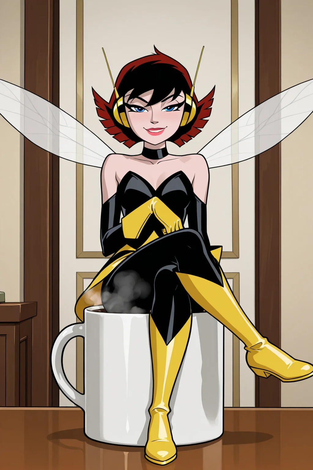 ((parody, parody style), perfect anatomy, perfect eyes, cowboy shot) BREAK <lora:WaspIL:1> janet van dyne, short hair, multicolored hair, red hair, black hair, blue eyes, lipstick, sultry eyes, naughty face, sultry face, half-closed eyes, ((looking at viewer)), headphones, dress, elbow gloves, gloves, pantyhose, knee boots, miniwoman, fairy, wings, pixie wings, arched back, sitting on a giant coffee mug, steaming coffee, model pose, head down, flirting with viewer, crossed legs, pinup pose, indoors